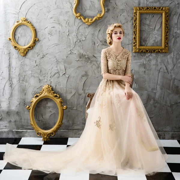 Chic / Belle Doré Robe De Soirée 2017 Dentelle Perlage Appliques Percé Paillettes Soirée Robe De Bal