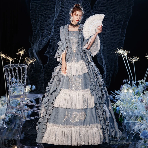 Vintage / Retro Medieval Sky Blue Ball Gown Prom Dresses 2021 1/2 Sleeves Square Neckline Floor-Length / Long Crossed Straps Handmade  Beading Pearl Tassel Printing Cosplay Prom Formal Dresses