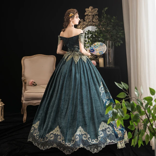 Vintage / Retro Medieval Ink Blue Ball Gown Prom Dresses 2021 Short Sleeve Off-The-Shoulder Floor-Length / Long Backless Printing Lace Satin Cosplay Prom Formal Dresses