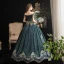 Vintage / Retro Medieval Ink Blue Ball Gown Prom Dresses 2021 Short Sleeve Off-The-Shoulder Floor-Length / Long Backless Printing Lace Satin Cosplay Prom Formal Dresses