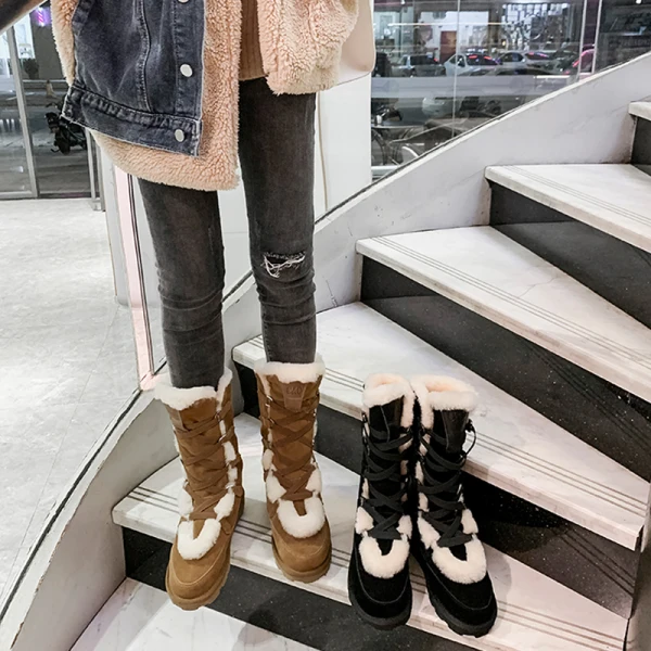 Unique Braun Schneestiefel 2020 Winter Woll Leder X-Riemen Freizeit Garten / Im Freien Stiefel Damen