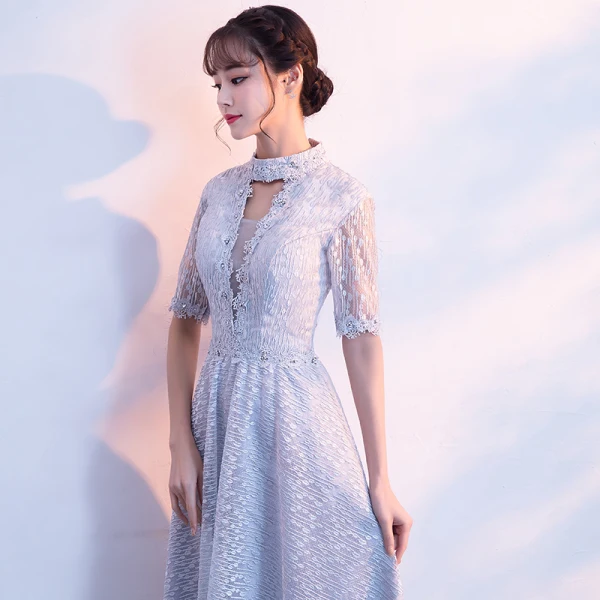 Chic / Belle Argenté Robe De Soirée 2017 Tulle Bretelles croisées Dos Nu Perlage Faux Diamant Col Haut Robe De Ceremonie