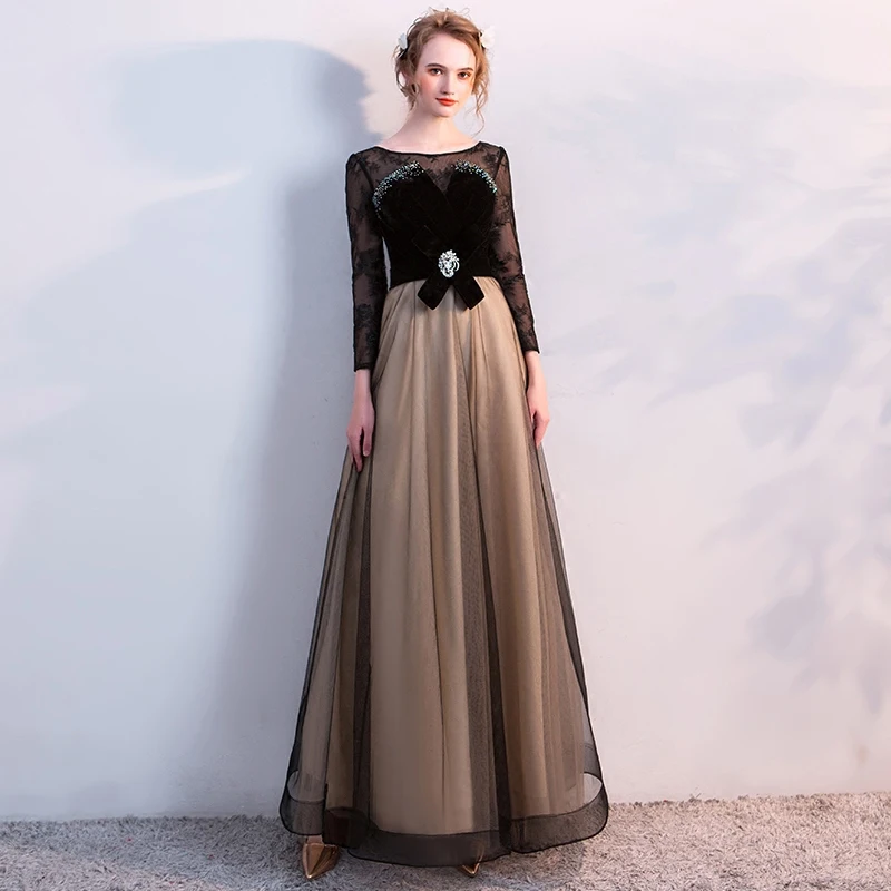 Chic Beautiful Black Evening Dresses 2017 A Line Princess U Neck Tulle  Embroidered Appliques Beading Evening Party Formal Dresses