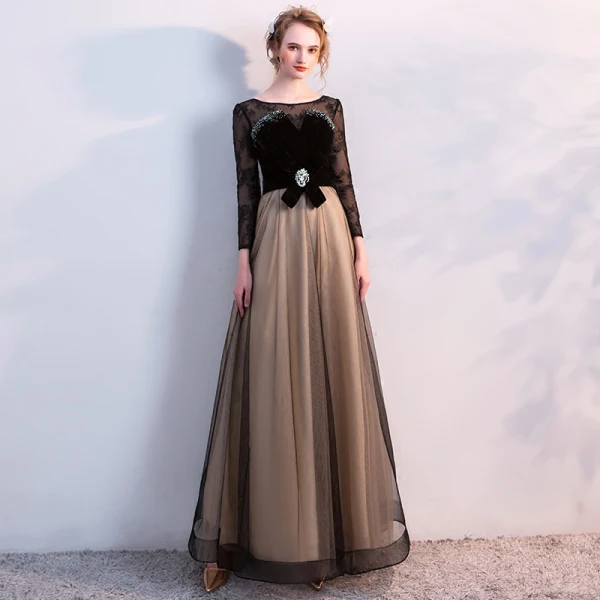 Chic / Beautiful Black Evening Dresses 2017 A-Line / Princess U-Neck Tulle Embroidered Appliques Beading Evening Party Formal Dresses