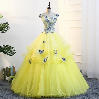 Flower Fairy Yellow Prom Dresses 2018 Ball Gown V Neck Tulle Embroidered Appliques Backless Prom Formal Dresses
