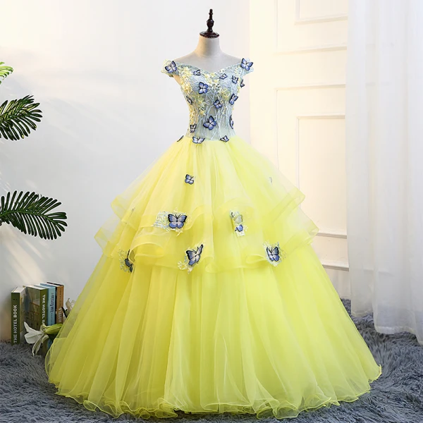 Flower Fairy Yellow Prom Dresses 2018 Ball Gown V-Neck Tulle Embroidered Appliques Backless Prom Formal Dresses Flower Fairy Yellow Prom Dresses 2018 Ball Gown V-Neck Tulle Embroidered Appliques Backless Prom Formal Dresses