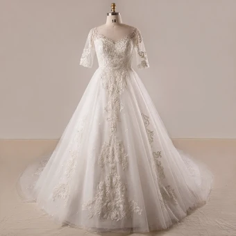 Luxury Gorgeous Ivory 2018 Ball Gown Wedding V Neck Lace Tulle 1 2 Sleeves Crossed Straps Appliques Backless Beading Sequins Summer Wedding Dresses