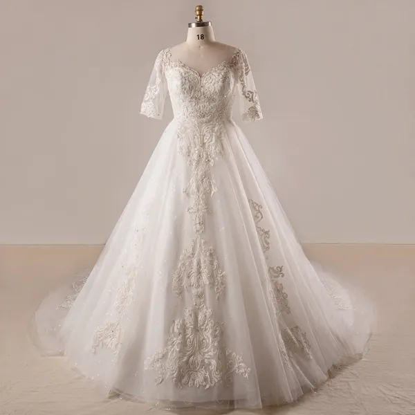 Luxury / Gorgeous Ivory 2018 Ball Gown Wedding V-Neck Lace Tulle 1/2 Sleeves Crossed Straps Appliques Backless Beading Sequins Summer Wedding Dresses