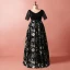 Chic / Beautiful Black Plus Size Evening Dresses  2018 A-Line / Princess V-Neck Tulle Satin Backless Printing Crossed Straps Summer Short Sleeve Evening Party Formal Dresses