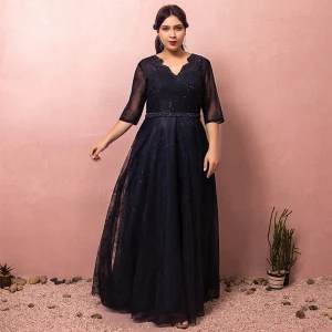 Chic Classique Élégant Bleu Marine Grande Taille Robe De Soirée 2018 Princesse Tulle V Cou Lacer Fait Main Dos Nu Perlage Soirée Robe De Ceremonie