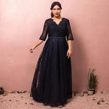 Classy Classic Elegant Navy Blue Plus Size Evening Dresses 2018 A Line Princess Tulle V Neck Lace Up Handmade Backless Beading Evening Party Formal Dresses