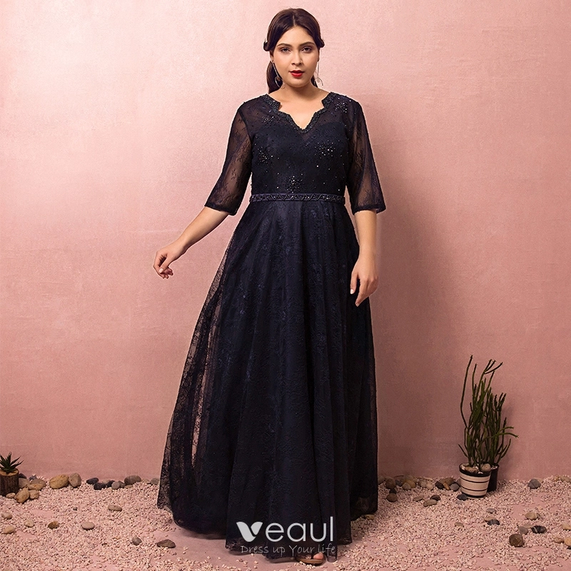 Classy Classic Elegant Navy Blue Plus Size Evening Dresses 2018 A-Line / Princess Tulle V-Neck Lace-up Handmade Backless Beading Evening Party Formal Dresses Classy Classic Elegant Navy Blue Plus Size Evening Dresses 2018 A-Line / Princess Tulle V-Neck Lace-up Handmade Backless Beading Evening Party Formal Dresses
