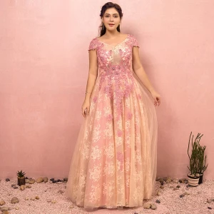 Flower Fairy Beige Plus Size Evening Dresses 2018 A Line Princess V Neck Tulle Appliques Backless Beading Crystal Evening Party Prom Dresses