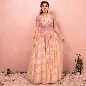 Flower Fairy Beige Plus Size Evening Dresses 2018 A Line Princess V Neck Tulle Appliques Backless Beading Crystal Evening Party Prom Dresses