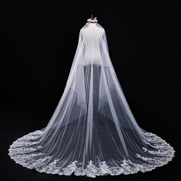 Affordable White Wedding 2018 Lace Tulle Appliques Beading Wedding Veils