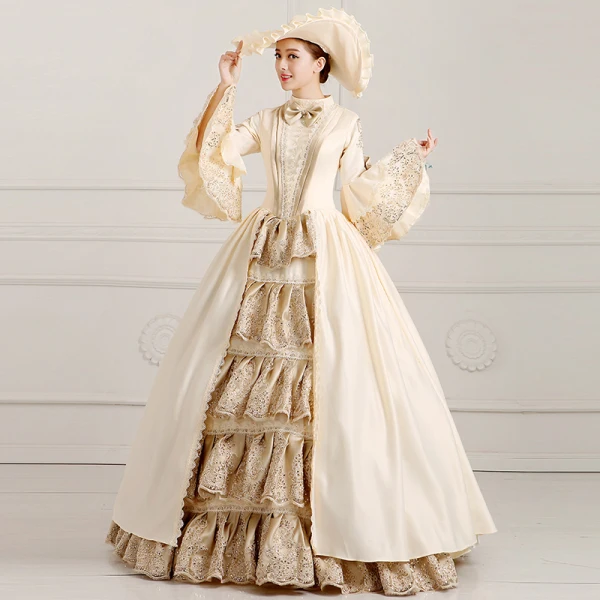 Vintage / Retro Puffy Ball Gown Champagne Prom Dresses 2018 High Neck Long Sleeve Charmeuse Lace-up Beading Sequins Formal Dresses