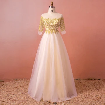 Klassisk Elegant Gull Pluss Størrelse Brudekjoler 2018 Prinsesse Blonder Tyll U Hals Appliques Ryggløse Bryllup