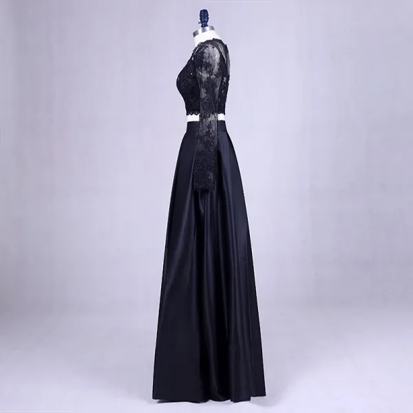 2 Piece Black Prom Dresses 2017 Scoop Neck A-Line / Princess Long Sleeve Appliques Lace Satin Formal Dresses