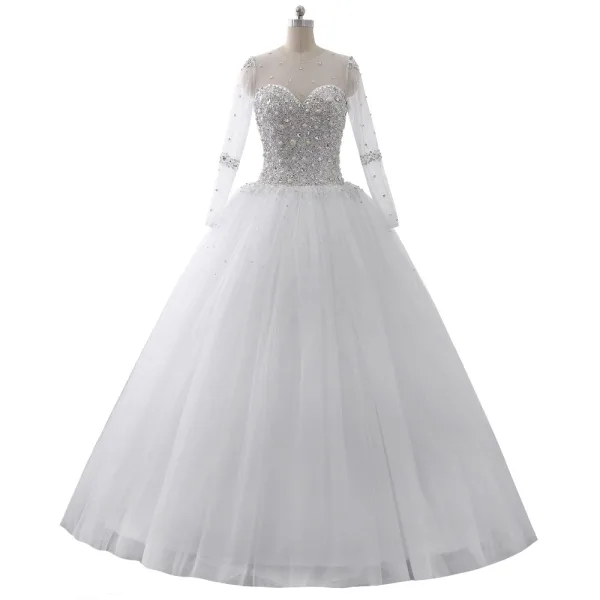 Luxury / Gorgeous White Crystal Wedding Dresses 2017 Scoop Neck Long Sleeve Beading Rhinestone Pearl Sequins Floor-Length / Long Ball Gown