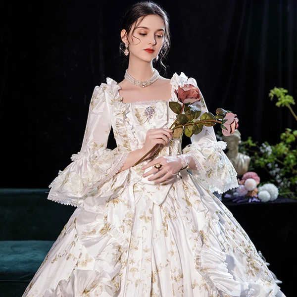 Vintage / Retro Cosplay White Ball Gown Evening Dresses 2021 Winter Crossed Straps Floor-Length / Long Lace Satin U-Neck Long Sleeve Prom Dresses Dancing Prom Formal Dresses Prom Dresses