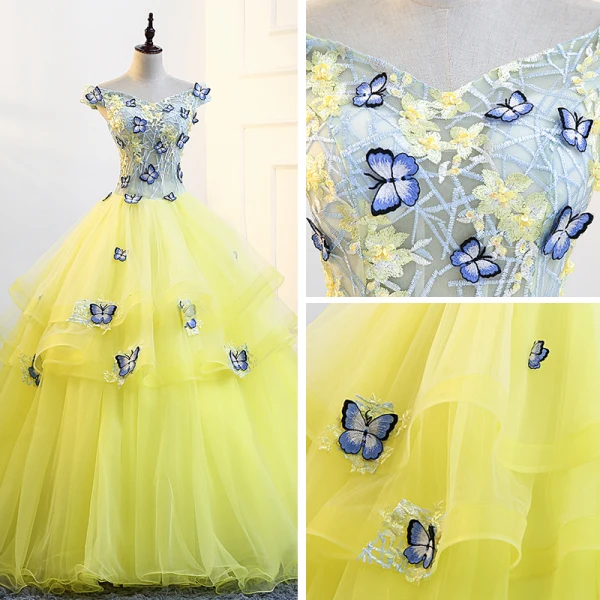 Flower Fairy Yellow Prom Dresses 2018 Ball Gown V-Neck Tulle Embroidered Appliques Backless Prom Formal Dresses
