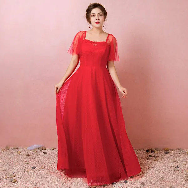 Simple Rouge Grande Taille Robe De Soirée 2018 Princesse Tulle Encolure Carrée Tachetée Printemps Soirée Robe De Ceremonie