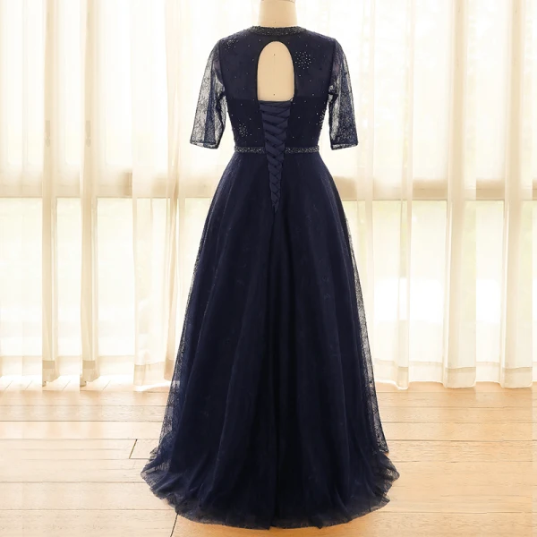 Edles Klassisch Elegante Marineblau Übergröße Abendkleider 2018 A Linie Tülle V-Ausschnitt Schnüren Handgefertigt Rückenfreies Perlenstickerei Abend Festliche Kleider