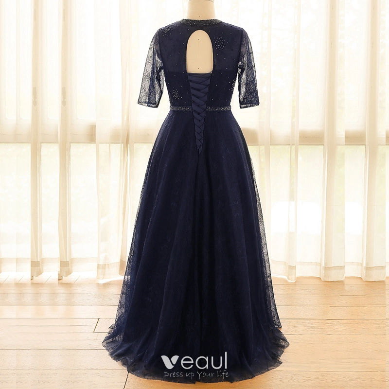 Classy Classic Elegant Navy Blue Plus Size Evening Dresses 2018 A-Line /  Princess Tulle V-Neck Lace-up Handmade Backless Beading Evening Party Formal  Dresses