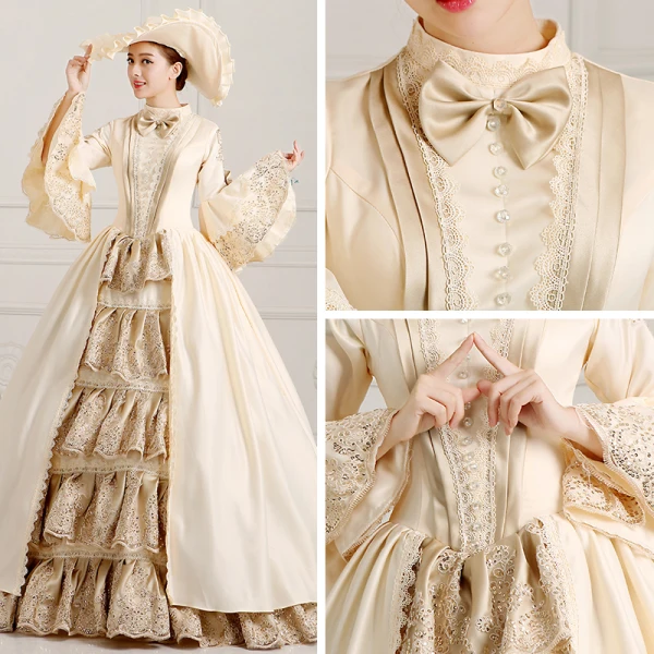 Vintage / Retro Puffy Ball Gown Champagne Prom Dresses 2018 High Neck Long Sleeve Charmeuse Lace-up Beading Sequins Formal Dresses