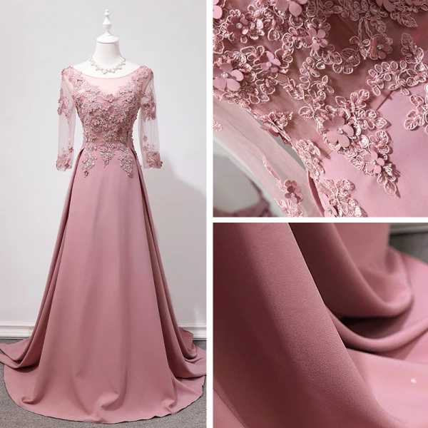Luxury / Gorgeous Court Train Blushing Pink Evening Dresses  2018 Long Sleeve A-Line / Princess U-Neck Lace-up Appliques Backless Beading Evening Party Formal Dresses