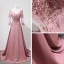 Luxury / Gorgeous Court Train Blushing Pink Evening Dresses  2018 Long Sleeve A-Line / Princess U-Neck Lace-up Appliques Backless Beading Evening Party Formal Dresses