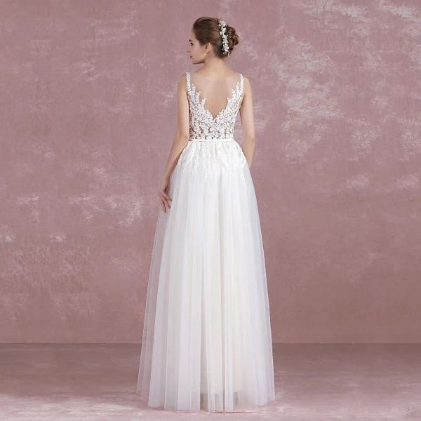 Chic / Belle Ivoire Robe De Mariée 2017 Princesse Encolure Dégagée Sans Manches Percé Dentelle Volants Tulle Ceinture Longue