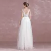 Chic / Beautiful Ivory Wedding Dresses 2017 A-Line / Princess Scoop Neck Sleeveless Pierced Lace Ruffle Tulle Sash Floor-Length / Long