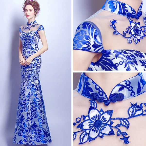 Chinese style Royal Blue Floor-Length / Long Evening Dresses  2018 Trumpet / Mermaid High Neck Charmeuse Appliques Backless Printing Evening Party Formal Dresses
