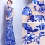 Chinese style Royal Blue Floor-Length / Long Evening Dresses  2018 Trumpet / Mermaid High Neck Charmeuse Appliques Backless Printing Evening Party Formal Dresses