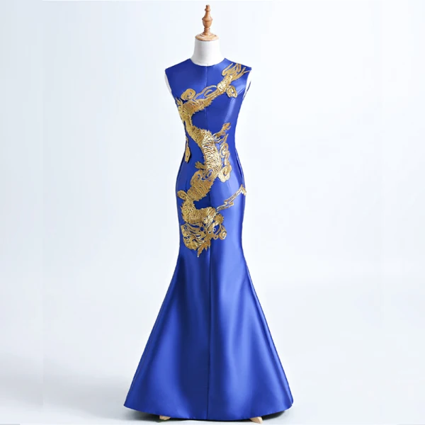 Chinese style Royal Blue Cathedral Train Evening Dresses 2018 Trumpet / Mermaid High Neck With Cloak Embroidered Charmeuse Evening Party Formal Dresses