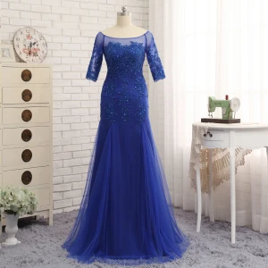Chic Beautiful Royal Blue Trumpet Mermaid Sweep Train Mother Of The Bride Dresses 2019 Lace Tulle U Neck Appliques Backless Beading Embroidered Sequins Church Wedding Party Dresses