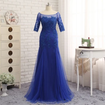 Chic Belle Bleu Roi Trompette Sirène Train De Balayage Robe De Mère De Mariée 2019 Dentelle Tulle U Cou Appliques Dos Nu Perlage Brodé Paillettes Église Robe Pour Mariage