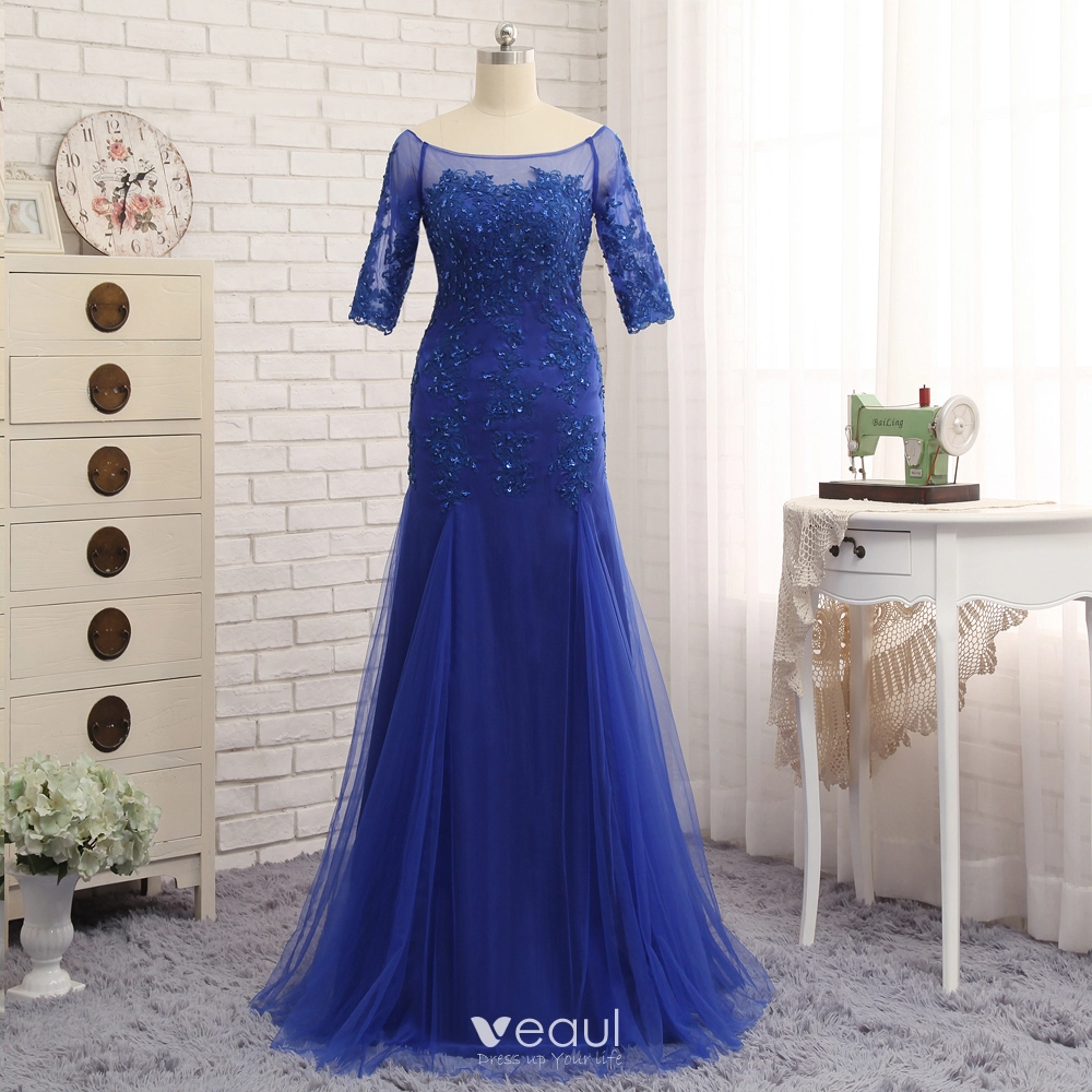 Chic Beautiful Royal Blue Trumpet Mermaid Sweep Train Mother Of The Bride Dresses 2019 Lace Tulle U Neck Appliques Backless Beading Embroidered Sequins Church Wedding Party Dresses