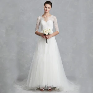 Classique Élégant Blanche Robe De Mariée 2020 Princesse V Cou 1 2 Manches Dos Nu Brodé Royal Train Mariage