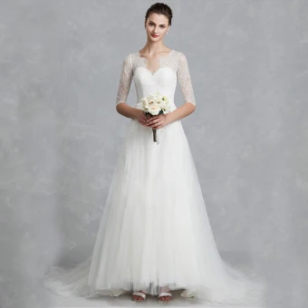 Classic Elegant White Wedding Dresses 2020 A Line Princess V Neck 1 2 Sleeves Backless Embroidered Royal Train Wedding