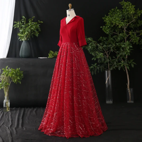 Stunning Bling Bling Burgundy Plus Size Evening Dresses 2020 A-Line / Princess V-Neck Tulle 3/4 Sleeve Beading Sequins Sweep Train Evening Party Formal Dresses