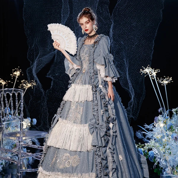 Vintage / Retro Medieval Sky Blue Ball Gown Prom Dresses 2021 1/2 Sleeves Square Neckline Floor-Length / Long Crossed Straps Handmade  Beading Pearl Tassel Printing Cosplay Prom Formal Dresses