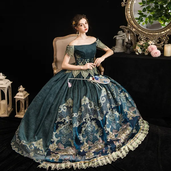 Vintage / Retro Medieval Ink Blue Ball Gown Prom Dresses 2021 Short Sleeve Off-The-Shoulder Floor-Length / Long Backless Printing Lace Satin Cosplay Prom Formal Dresses