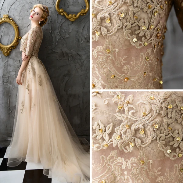 Chic / Belle Doré Robe De Soirée 2017 Dentelle Perlage Appliques Percé Paillettes Soirée Robe De Bal