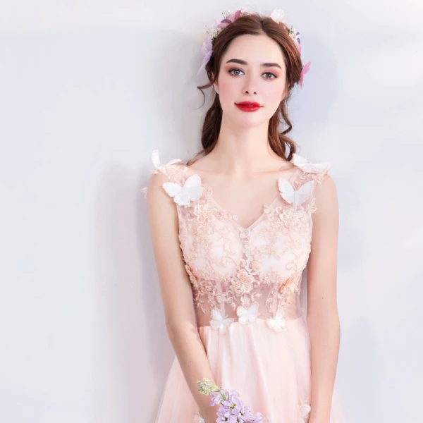 Chic / Beautiful Blushing Pink 2018 Evening Dresses V-Neck Tulle A-Line / Princess Floor-Length / Long Summer Beading Butterfly Appliques Backless Evening Party Formal Dresses