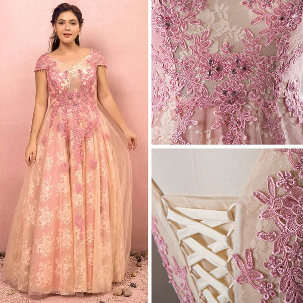 Flower Fairy Beige Plus Size Evening Dresses  2018 A-Line / Princess V-Neck Tulle Appliques Backless Beading Crystal Evening Party Prom Dresses