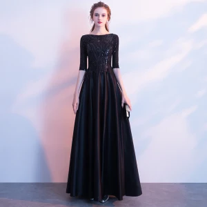 Simple Noire Longue Robe De Soirée 2018 Princesse Charmeuse U Cou Perlage Paillettes Soirée Robe De Ceremonie