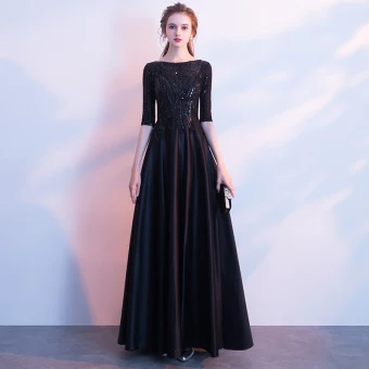 Modest Simple Black Floor Length Long Evening Dresses 2018 A Line Princess Charmeuse U Neck Beading Sequins Evening Party Formal Dresses