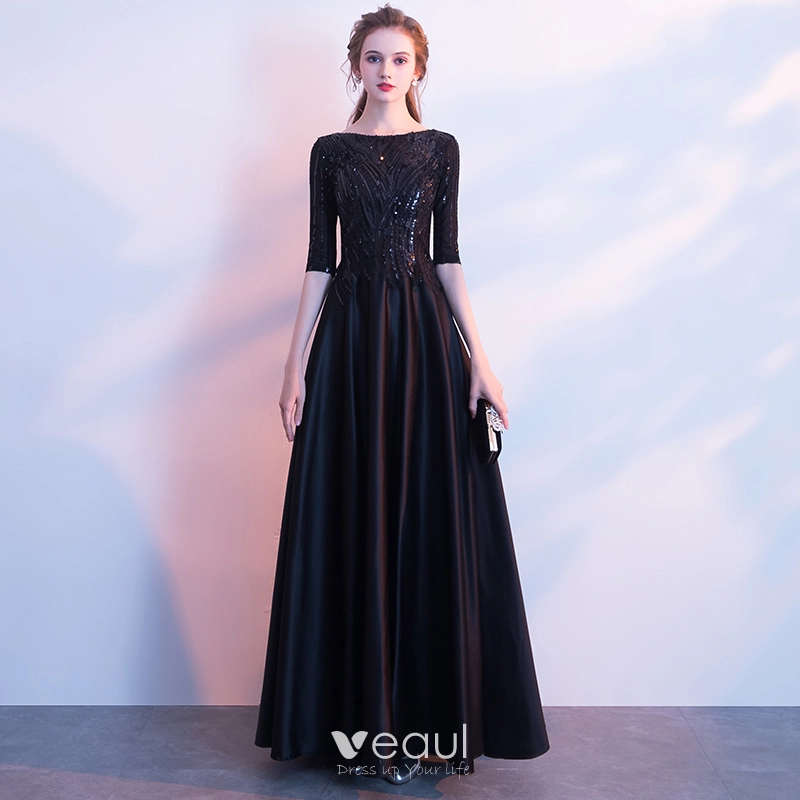 Veaul Modest Simple Black Floor Length Long Evening Dresses 2018 A Line Princess Charmeuse